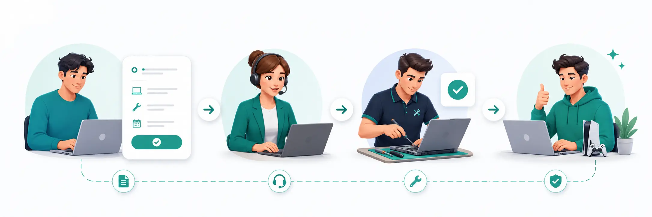 Схема работы сервиса: заявка, подбор мастера, ремонт и результат